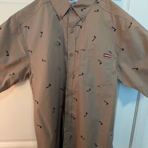 Wolverine Tan Short Sleeve Button-Down Shirt with Black Axe Print